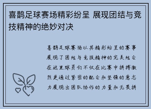 喜鹊足球赛场精彩纷呈 展现团结与竞技精神的绝妙对决