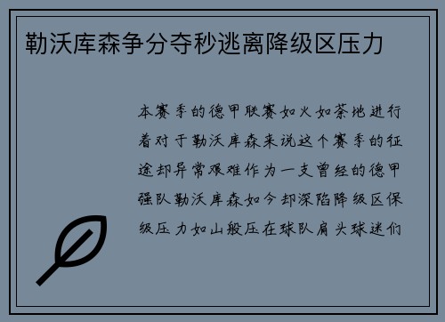 勒沃库森争分夺秒逃离降级区压力