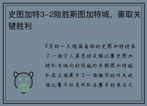 史图加特3-2险胜斯图加特城，豪取关键胜利