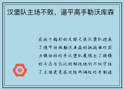汉堡队主场不败，逼平高手勒沃库森