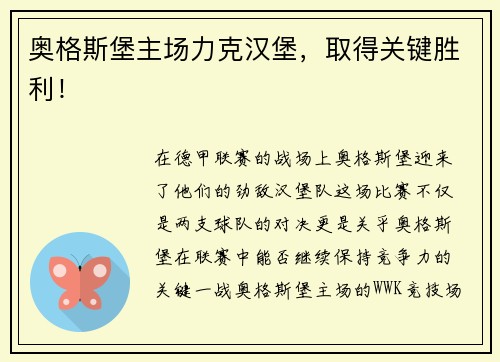 奥格斯堡主场力克汉堡，取得关键胜利！