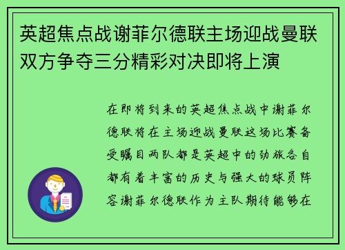 英超焦点战谢菲尔德联主场迎战曼联双方争夺三分精彩对决即将上演