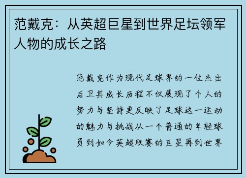 范戴克：从英超巨星到世界足坛领军人物的成长之路