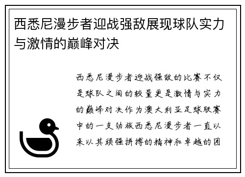 西悉尼漫步者迎战强敌展现球队实力与激情的巅峰对决