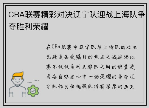 CBA联赛精彩对决辽宁队迎战上海队争夺胜利荣耀