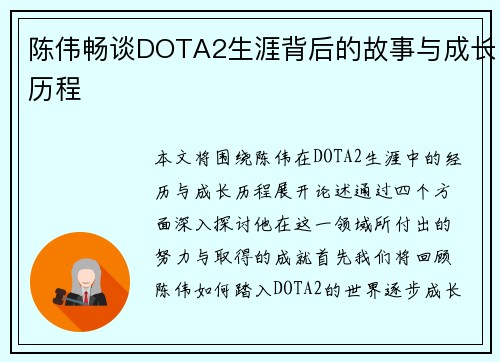 陈伟畅谈DOTA2生涯背后的故事与成长历程